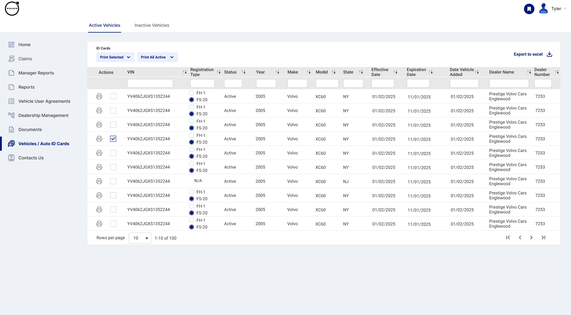 Service Loaner Portal - Vehicle List